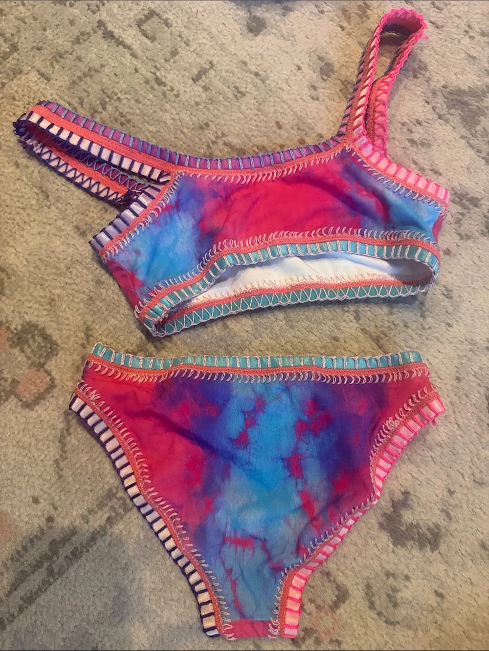 Platinum swimwear Tie-Dye Crochet-Trim Bikini Set in Pink & Blue size kids 12